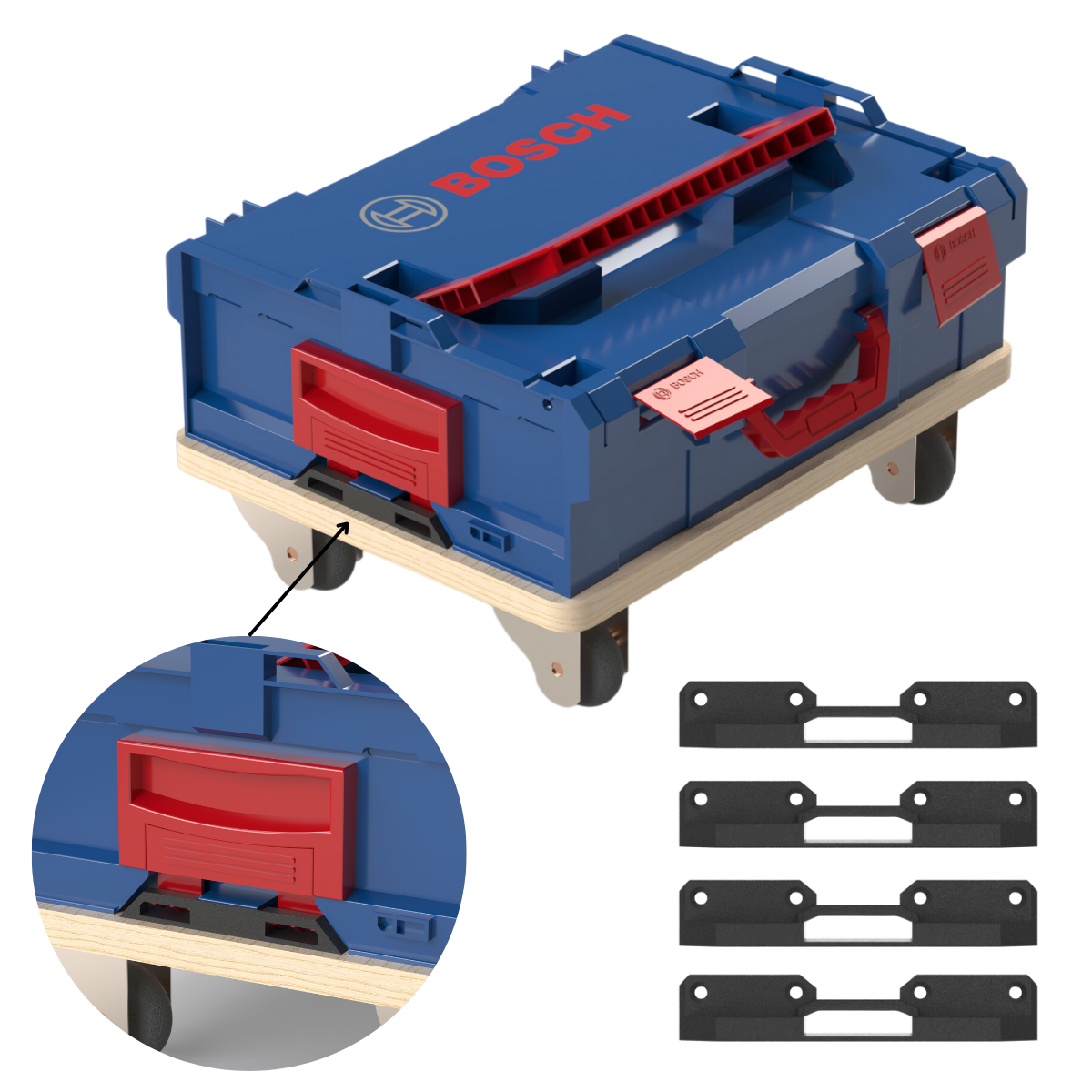 4-pack bevestigingshouders geschikt voor Bosch L-BOXX (L-SAFE): voor montage op rolplank of rolwagen – Compatibel met alle Bosch L-BOXX gereedschapskoffers