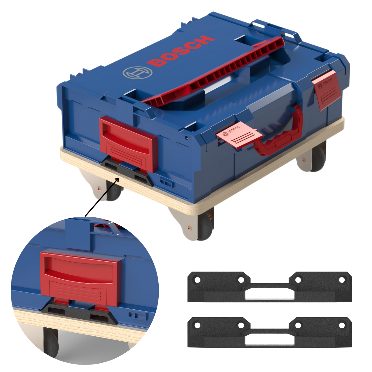 4-pack bevestigingshouders geschikt voor Bosch L-BOXX (L-SAFE): voor montage op rolplank of rolwagen – Compatibel met alle Bosch L-BOXX gereedschapskoffers