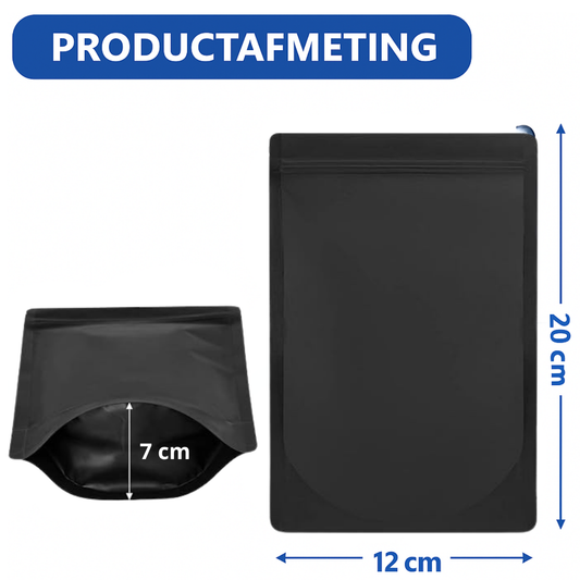 100 stuks Mat Zwarte Stazakken (Stand-Up Pouches) – 200×120×70 mm