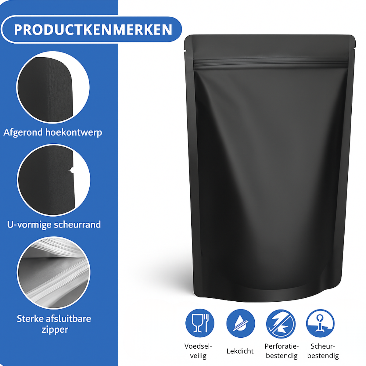 100 stuks Mat Zwarte Stazakken (Stand-Up Pouches) – 200×120×70 mm
