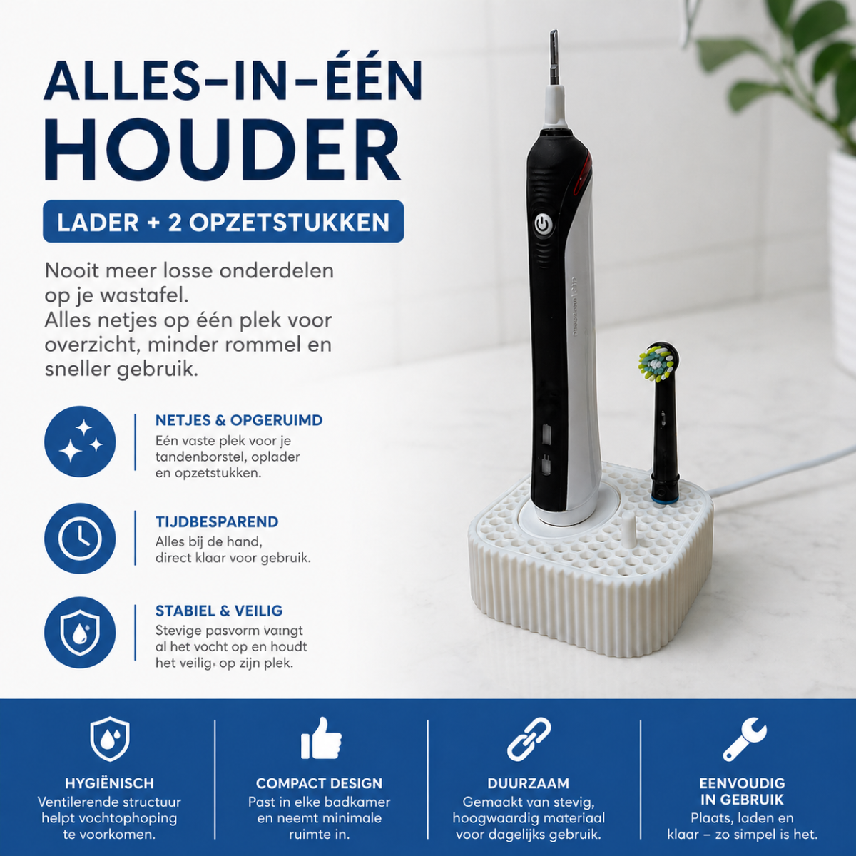 Elektrische tandenborstelhouder geschikt voor Oral-B (Braun) - Laderhouder met 2 borstel opzetstukken - Wit
